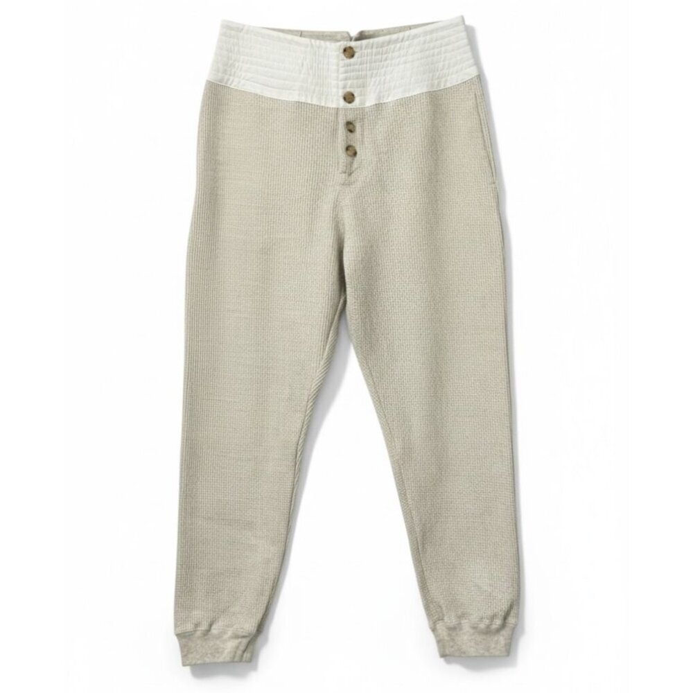 Bassike Beige Waffle Knit Jogger Pants Button Up Cotton Lace-Up Tie Back Size M